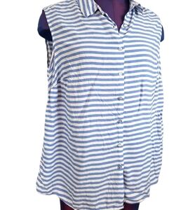 Ellos Nautical Striped Blue White Button Down Sleeveless Blouse 18 Women's Plus‎